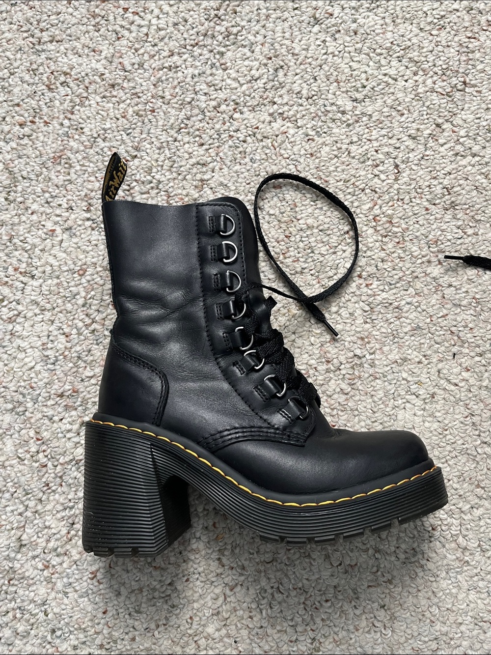 Dr. Martens Black Lace-Up Platform Heel Boots with Yellow Stitching - Picture 3 of 12